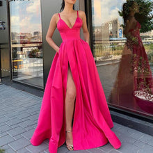 Load image into Gallery viewer, Spaghetti Strap Fuchsia Satin High Slit Long Prom Dress 2020 Plus Size Prom Dresses Girls A Line vestidos de graduacion Formal