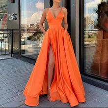 Load image into Gallery viewer, Spaghetti Strap Fuchsia Satin High Slit Long Prom Dress 2020 Plus Size Prom Dresses Girls A Line vestidos de graduacion Formal