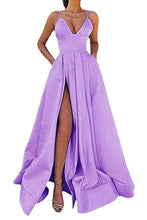 Load image into Gallery viewer, Spaghetti Strap Fuchsia Satin High Slit Long Prom Dress 2020 Plus Size Prom Dresses Girls A Line vestidos de graduacion Formal