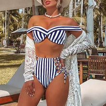 Load image into Gallery viewer, Sexy High Waist Swimsuit Women Plus Size Halter Bikini Beachwear 2020 Halter Ruched Swimwear Tummy Control Biquini Bathing suit