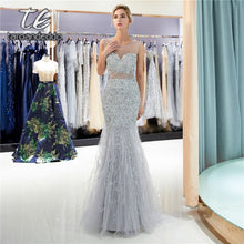 Load image into Gallery viewer, Scoop Mermaid Prom Dresses Feather Illusion V Back Sweep Train Long Formal Party Dress Vestido De Festa with Rhinestone Crystals
