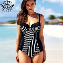 Load image into Gallery viewer, One Piece Swimsuit Sexy bikini Push Up Swimwear Women Bodysuit Hard pad striped Bathing Suit women Monokini Swimsuit Plus size
