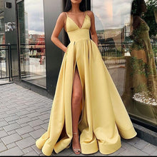 Load image into Gallery viewer, Spaghetti Strap Fuchsia Satin High Slit Long Prom Dress 2020 Plus Size Prom Dresses Girls A Line  vestidos de graduacion Formal
