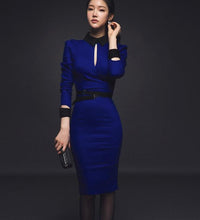 Load image into Gallery viewer, spring Slim package hip  office lady professional long-sleeved patchwork pencil dress send belt
