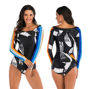 2020 Diving One Piece Swimsuit Print Long Sleeve Women Swimwear Bathing Suit Rash Guard Zipper Surfing Swimming Suit for Women