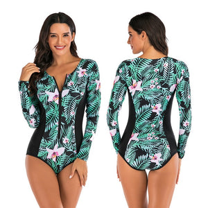 2020 Diving One Piece Swimsuit Print Long Sleeve Women Swimwear Bathing Suit Rash Guard Zipper Surfing Swimming Suit for Women