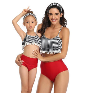 Mother Daughter Tankini Beachwear Family Swimsuit Summer Beach Striped Printed Tassel High Waist Bikini Girls Women Bathing Suit